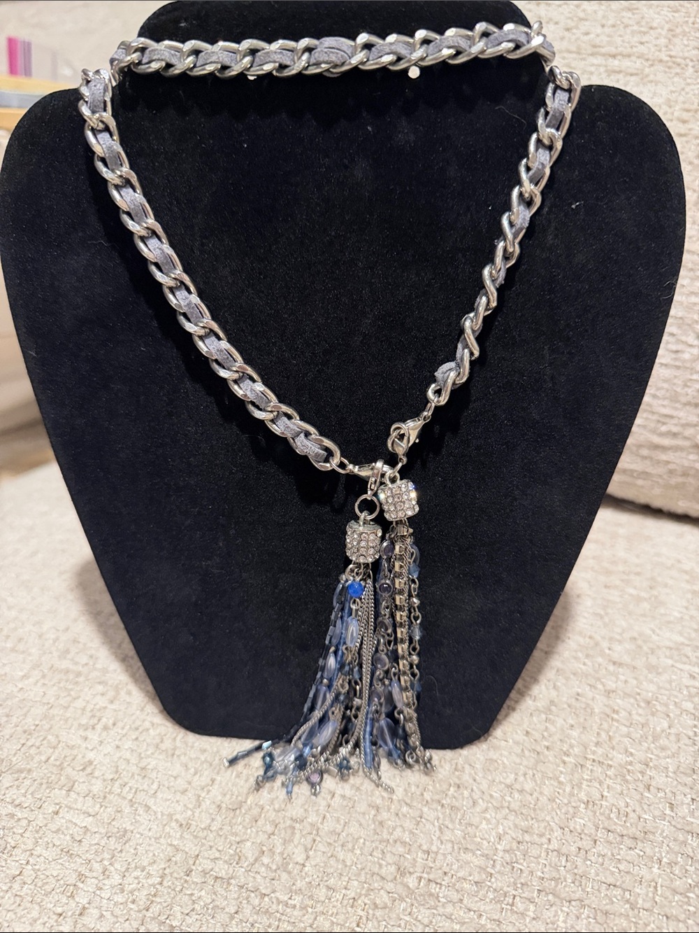 Premier Designs Silver Chain Necklace with Blue Tassel Accents